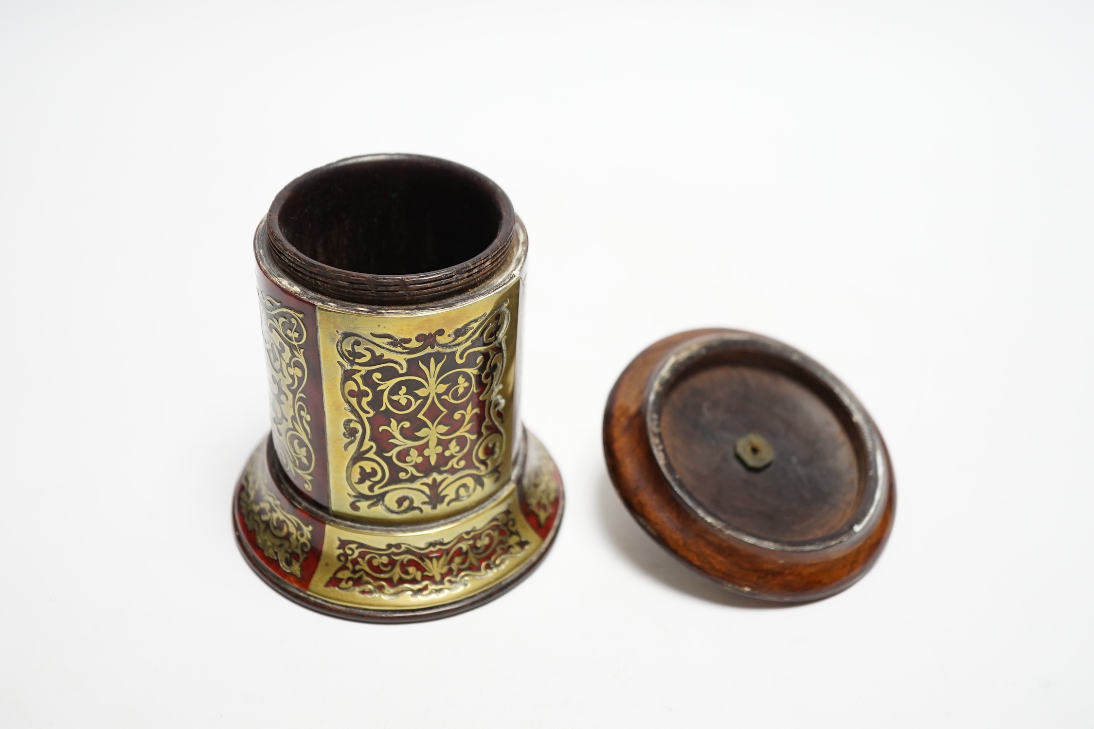 A 19th century French Boulle work cylindrical string box and cover, 12cm high
